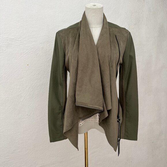NWT BlankNYC Faux Suede Leather Moto Jacket Mixed Media Draped Olive Green Med. - Picture 1 of 15